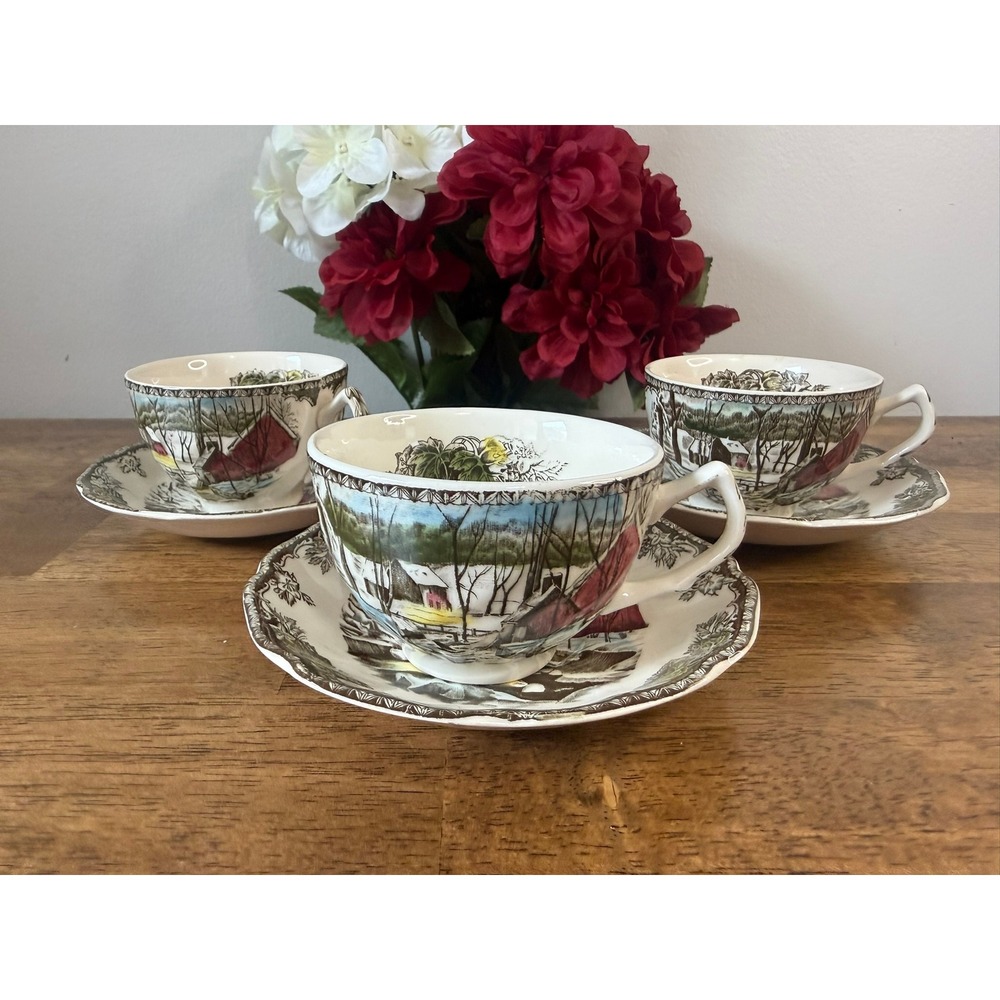 Vintage Johnson Brothers Friendly‎ Village Ice House Teacups and Saucers Set 3